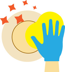 plate and sponge in hand icon. dishwashing concept. hand in gloves with sponge wash plate symbol. flat style.
