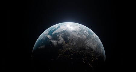 cinematic View earth planet europe night Earth in space 3D rendering elements of this image furnished by NASA. Civilization. view from dark space 3d illustration.realistic earth surface and world map © Banana Images