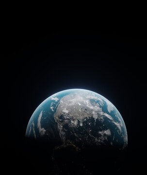 cinematic View blue planet north america Earth in space 3D rendering elements of this image furnished by NASA. Civilization. view from dark space 3d illustration.realistic earth surface and world map