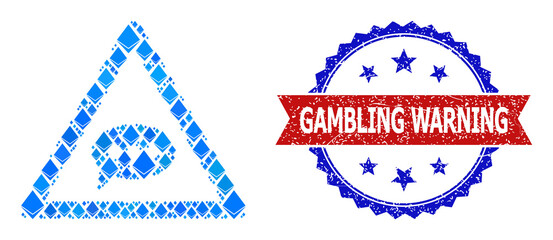 Blue crystal collage chat message danger icon, and bicolor dirty Gambling Warning stamp. Ethereum related elements are grouped into abstract mosaic chat message danger icon.