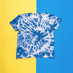 Beautiful stylish T-shirt painted in tie dye style on a yellow and blue background. Flat lay.