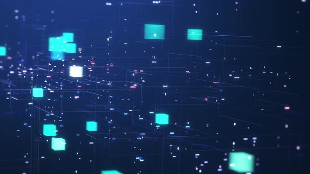 Blockchain concept. Isometric digital blocks connect with each other and shapes crypto chain. Blocks or cubes, connection consists of digital data. Digital network technology. 3D Render.