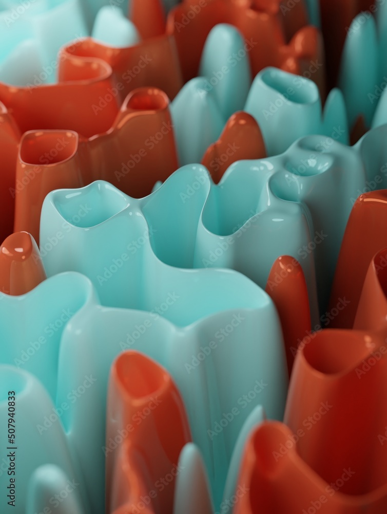 Poster curvy wave band coral color surface. modern abstract 3d background. 3d render. usable for background