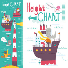 Kids height chart. Vector isolated illustration of cartoon transport and animals on a green-blue background.