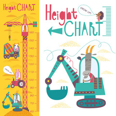 Kids height chart. Vector isolated illustration of cartoon transport and animals on a yellow background.