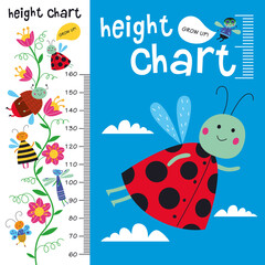 Kids height chart. Vector isolated illustration of cute insects on a white background.