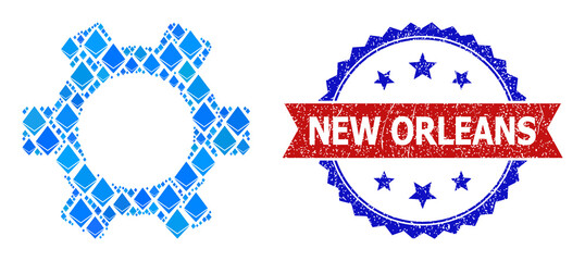 Blue diamond collage gear icon, and bicolor textured New Orleans stamp. Ethereum related items are grouped into abstract collage gear icon. Red round seal has New Orleans title inside circle.