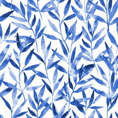 Seamless pattern with abstract indigo blue magic fairy leaves.