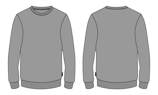 Long sleeve Sweatshirt technical fashion Flat Sketch drawing vector illustration template For men's. Apparel design Grey Color mockup CAD illustration. 