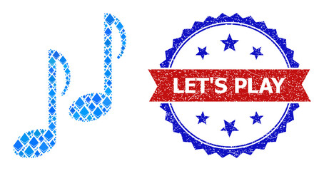 Blue ethereum collage music notes icon, and bicolor grunge Let'S Play seal. Ethereum related parts are grouped into abstract collage music notes icon.