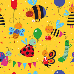 Cute insects have a party. Cartoon seamless pattern on a yellow background for childish design. Seamless pattern can be used for backgrounds, surface textures, wallpapers, pattern fills.