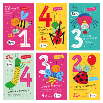 Birthday invitations. Collection of posters and invitation cards with cute insects for kids.Vector isolated illustrations.
