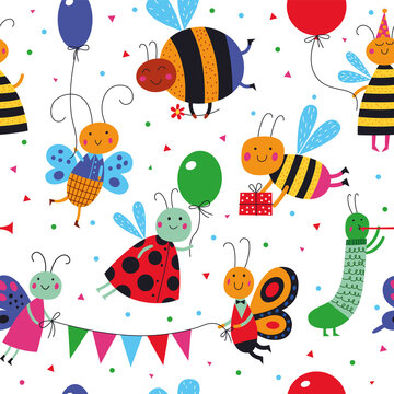 Cute insects have a party. Cartoon seamless pattern on a white background for childish design. Seamless pattern can be used for backgrounds, surface textures, wallpapers, pattern fills.