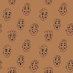 Abstract lines faces of people with diverse emotions. Vector seamless pattern.