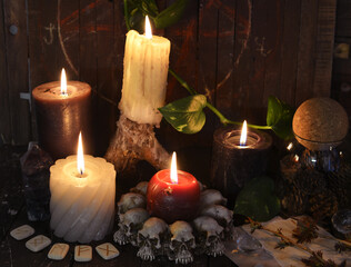 Wicca, esoteric and occult still life with vintage magic objects on witch table altar for mystic rituals and fortune telling. Halloween and gothic concept