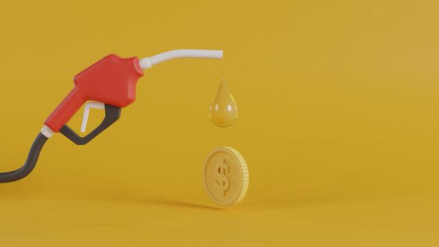 Fuel dispenser is spewing fuel drop with money, high oil crisis, expensive oil concept. 3d rendering illustration.