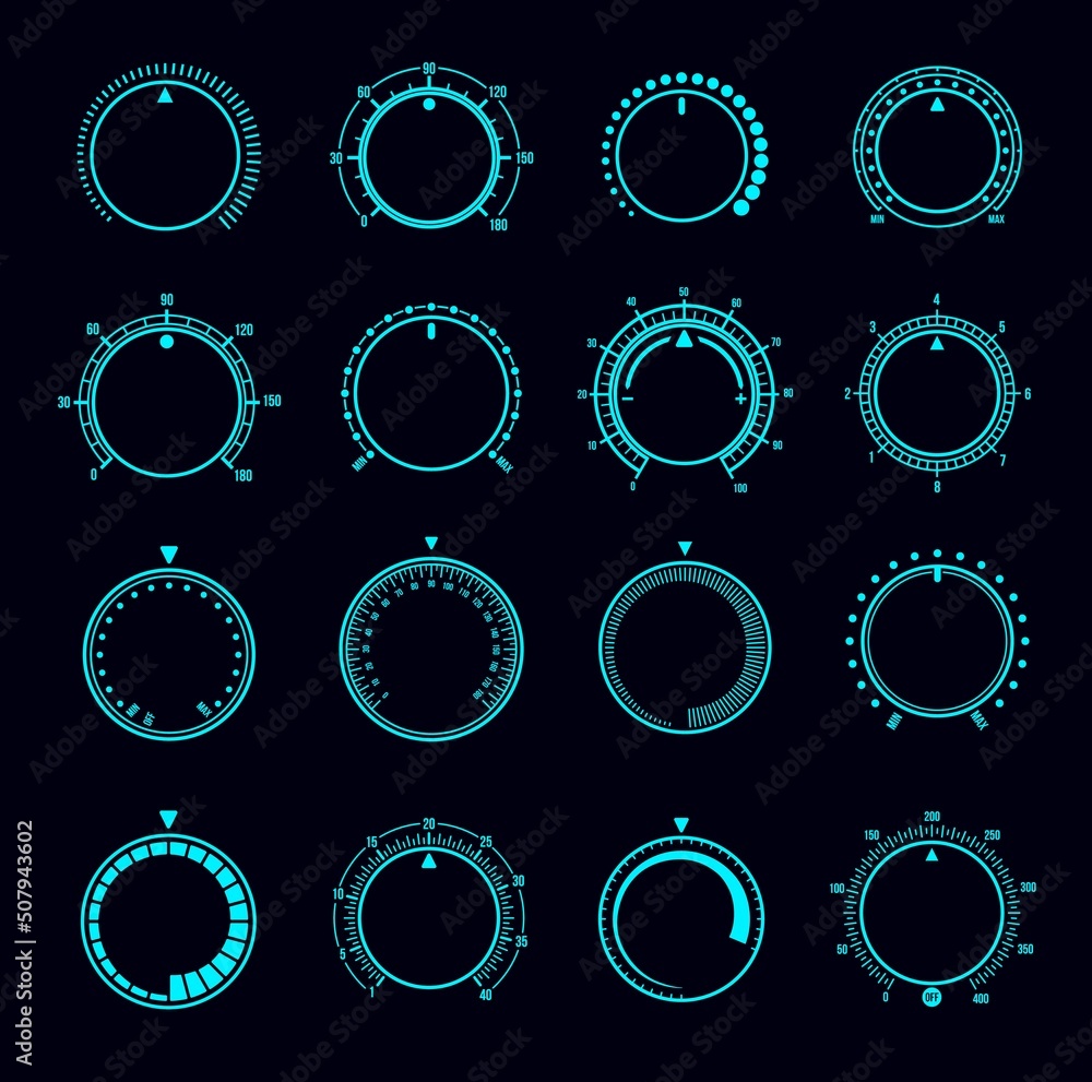 Poster HUD dial interface, volume round knob switches, music sound control regulators, vector. Neon volume level buttons for music player app or sound aux tuner, min and max switch knobs for UI