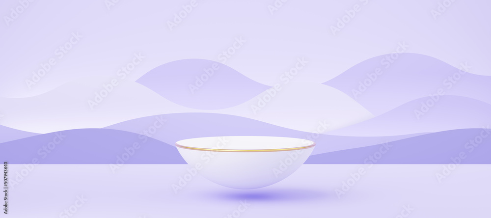 Wall mural empty white half sphere podium with gold border floating on purple wave background. abstract pastel 