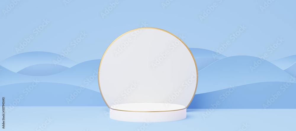 Wall mural empty white cylinder podium with gold border on blue wave background. abstract pastel minimal studio