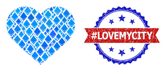 Blue gemstone collage love heart icon, and bicolor grunge #Lovemycity stamp. Gemstone related elements are united into abstract collage love heart pictogram.