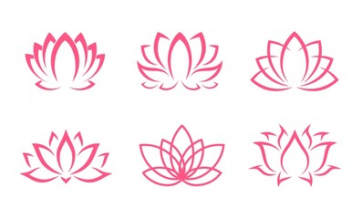 Pink lotus icons, flowers or yoga floral symbol in line silhouette, vector blossoms. Outline pink lotus petals for tattoo, asian spa or ornament decoration, religion, ayurveda relax and zen meditation