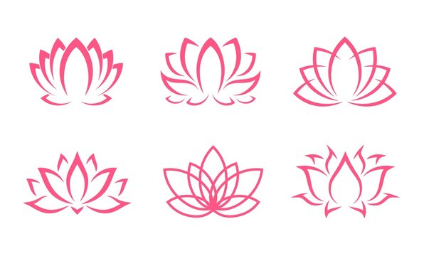 Pink lotus icons, flowers or yoga floral symbol in line silhouette, vector blossoms. Outline pink lotus petals for tattoo, asian spa or ornament decoration, religion, ayurveda relax and zen meditation