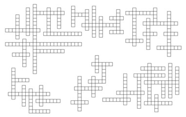 Crossword quiz, find word puzzle grids collection. Text playing activity, crossword riddle or quiz. Educational puzzle or vocabular game vector cross grids set