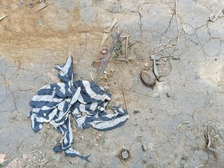 Cracked dried mud with off center discarded black and white plastic bag abstract background texture