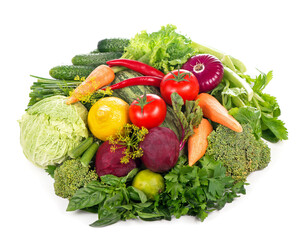 fresh vegetableHealthy Eating. Seasonal organic raw vegetables. Isolated over white background