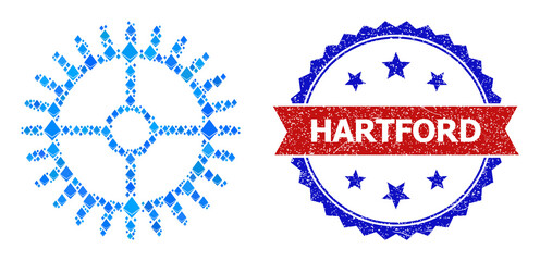 Blue gemstone collage clock gearwheel icon, and bicolor unclean Hartford seal stamp. Crystal related parts are united into abstract collage clock gearwheel icon.