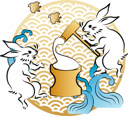 秋　十五夜　中秋の名月　お月見　浮世絵　日本画　うさぎ　兎　卯　餅つき　かわいい　和モダン　イラスト