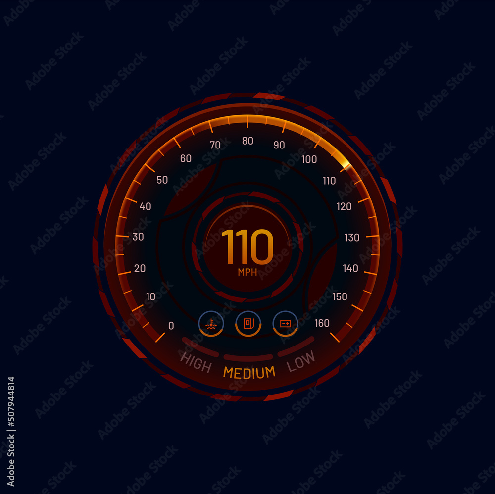 Poster futuristic car speedometer gauge dial, vector car dashboard led speed meter. car speedometer with or