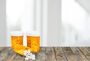 Medical vial with pills without text. Plastic Prescription.