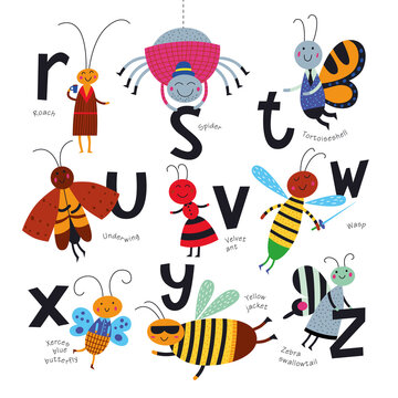 Vector alphabet for children. Cute insects in cartoon style. R, S, T, U, V, W, X, Y, Z,. Part 3.