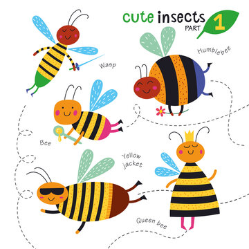Cute insects on a white background. Childish illustration of bee, queen bee, wasp, yellow jacket and bumblebee.
Vector collection. Part 1.
