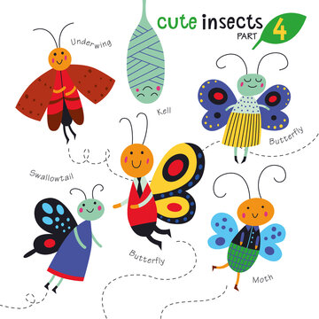 Cute insects on a white background. Childish illustration of, butterflies and moth.
Vector collection. Part 4.
