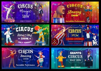 Shapito circus cartoon performers characters and clowns vector posters. Shapito circus magic show and grand opening ticket booth posters with acrobats, animals and illusionists. Funfair carnival © Vector Tradition