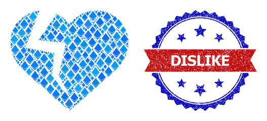 Blue gemstone mosaic heart break icon, and bicolor textured Dislike seal stamp. Gemstone related parts are arranged into abstract collage heart break icon.