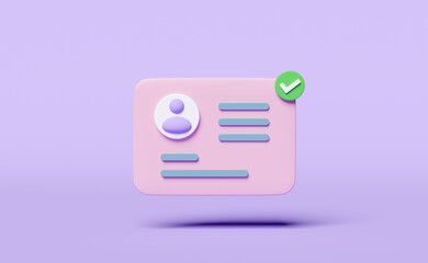 3d Id card icon with check mark isolated on purple background. human resources, plastic card, Job search concept, 3d render illustration