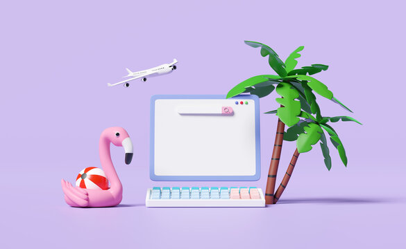 3d laptop computer monitor with blank search bar, palm tree, Inflatable flamingo, plane isolated on purple background. online shopping summer sale, template concept, 3d render illustration