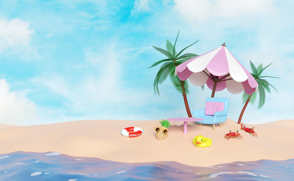 3d summer travel concept with sofa chair, palm tree, lifebuoy, seaside, pineapple, yellow duck, crab, sunglasses, beach, umbrella isolated on blue sky background. 3d render illustration