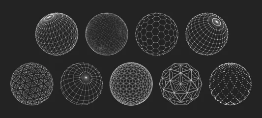 Fotobehang 3D sphere mesh grid, globe or ball in circle net wire, vector digital earth. 3D sphere in wireframe or geometric network in dots and lines or mesh grid frames, science and technology object © Vector Tradition