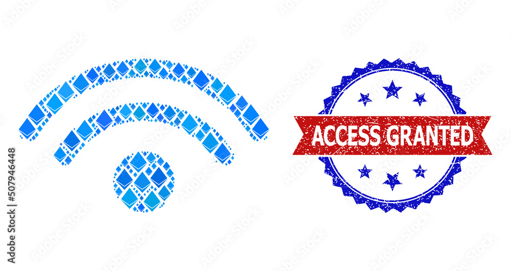 Poster blue crystal mosaic wifi source icon, and bicolor textured access granted seal stamp. crystal relate