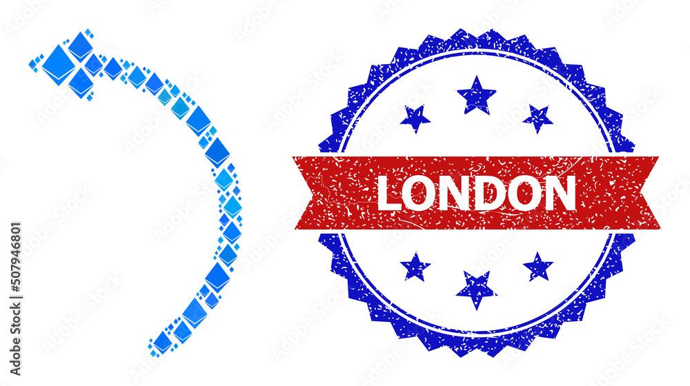 Poster blue ethereum mosaic rotate left icon, and bicolor textured london seal stamp. ethereum related elem