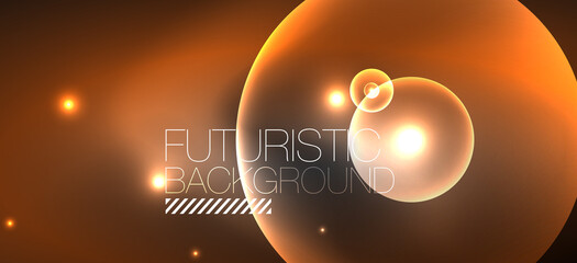 Shiny neon geometric abstract background. Glowing lights on round shapes, triangles and circles. Wallpaper for concept of AI technology, blockchain, communication, 5G, science, business