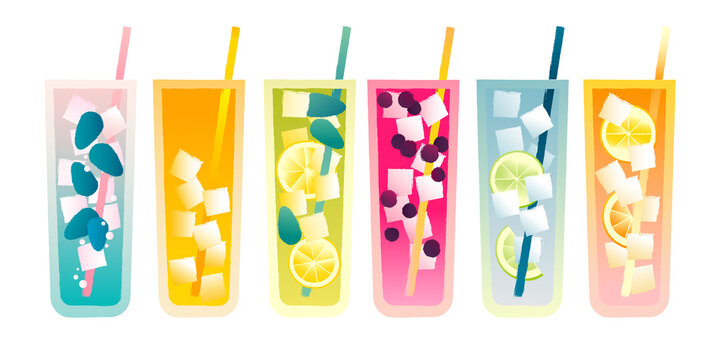 Set juice glasses. Vector gradient flat illustration. Refreshing drink for bar. Alcoholic cocktail drink with ice. Healthy drink with berries and citrus. Bright illustration of cold drinks