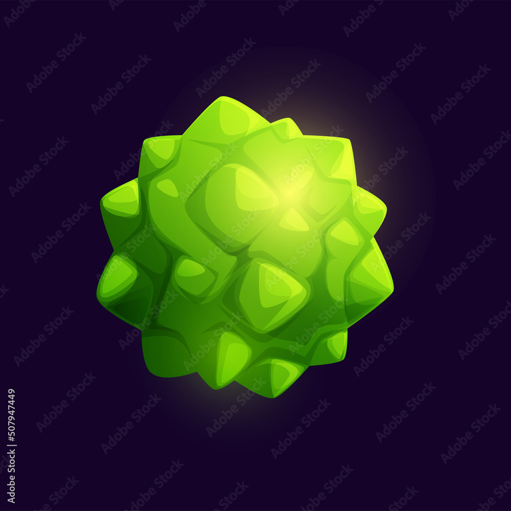 Poster Green galaxy space planet with volcano and crystals. Vector bizarre cosmic object in universe or cosmos. Game asset, gui interface element, glow sphere with spiked surface, meteor, comet or meteorite