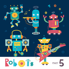 Vector set of cartoon robots isolated on a dark background. Part 5. Kids characters. Music and fun.