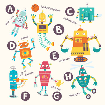 Kids alphabet. Vector robots in cartoon style. A, B, C, D, E, F, G, H . Part 1.