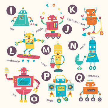 Kids alphabet. Vector robots in cartoon style. J, K, L, M, N, O, P, Q. Part 2.